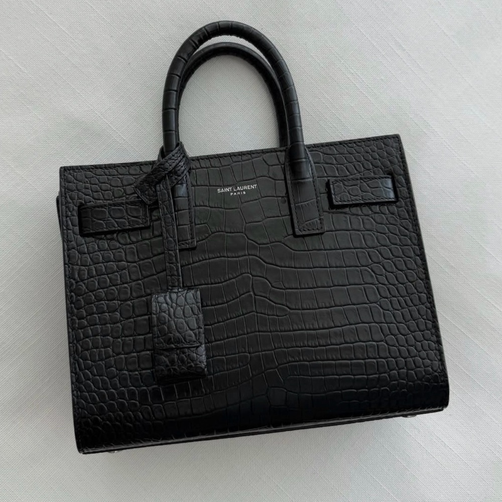 Saint Laurent Black Croc  Embossed Sac De Jour